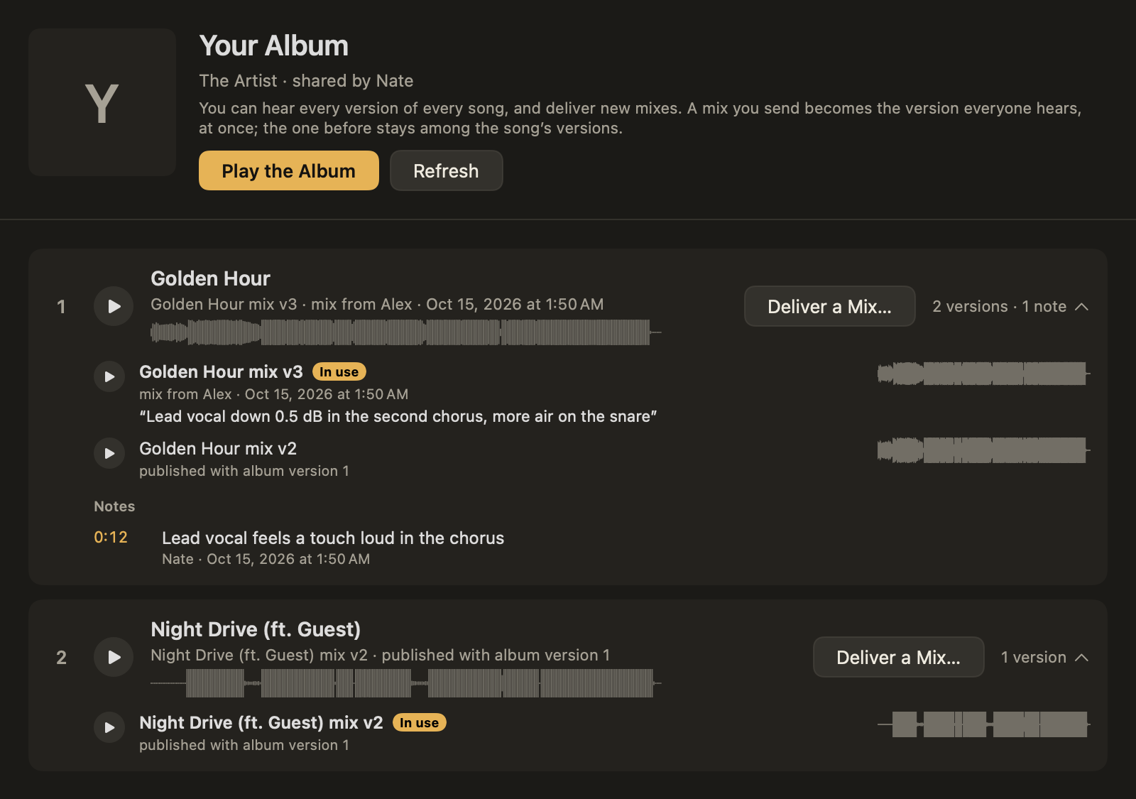 An album's window in Sequence for Mac: two songs, each with the version in use, its earlier versions, and a note.