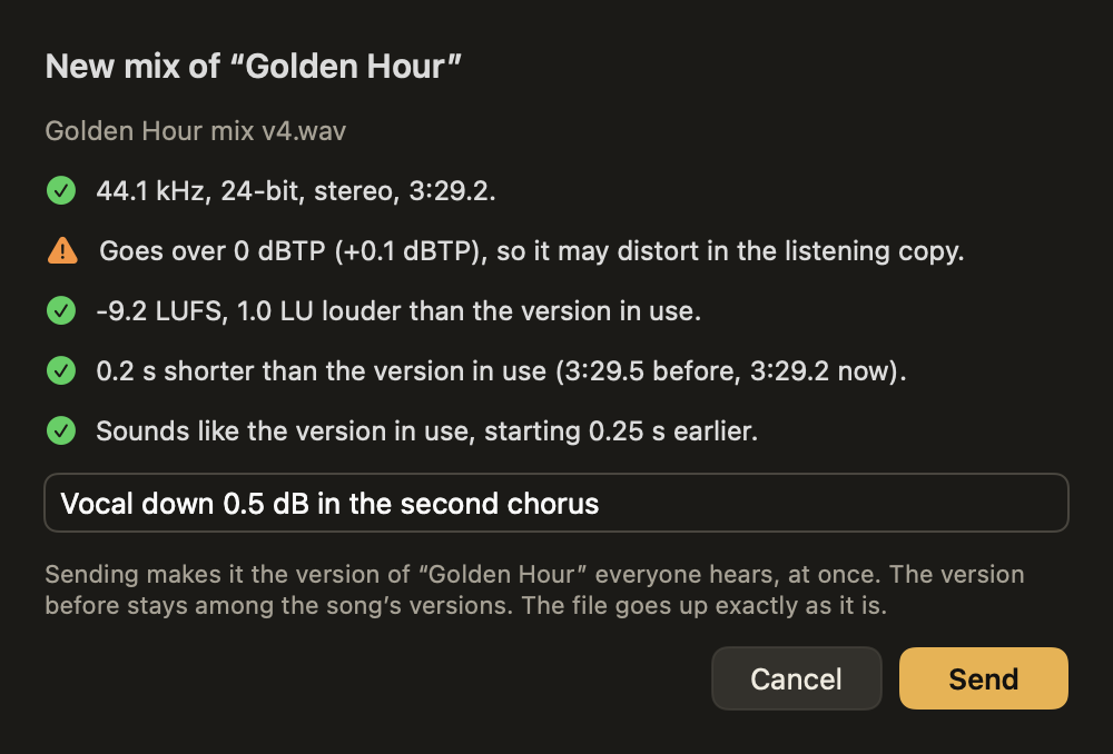 The window that appears before a mix is sent: five checks, a note, and the Send button.